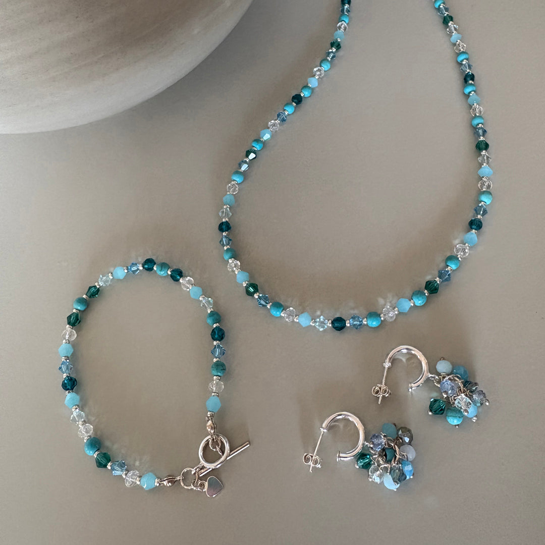 Handmade Turquoise Crystal & Semi-Precious Bead Bracelet with Sterling Silver T Bar and ring Clasp | Boho Jewellery Gift