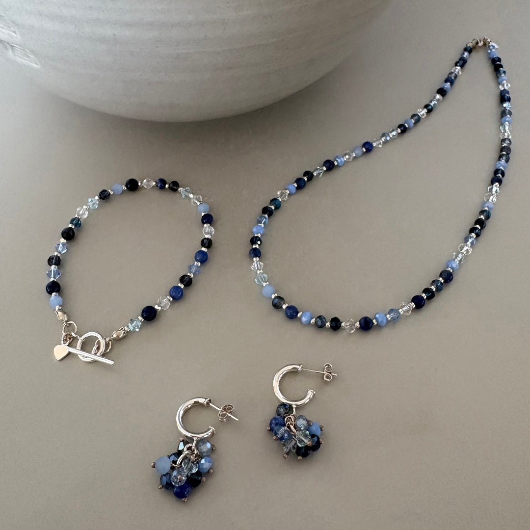 Blue Crystal & Semi-Precious Beaded Hoop Sterling Silver Earrings | Handmade Jewellery Gift