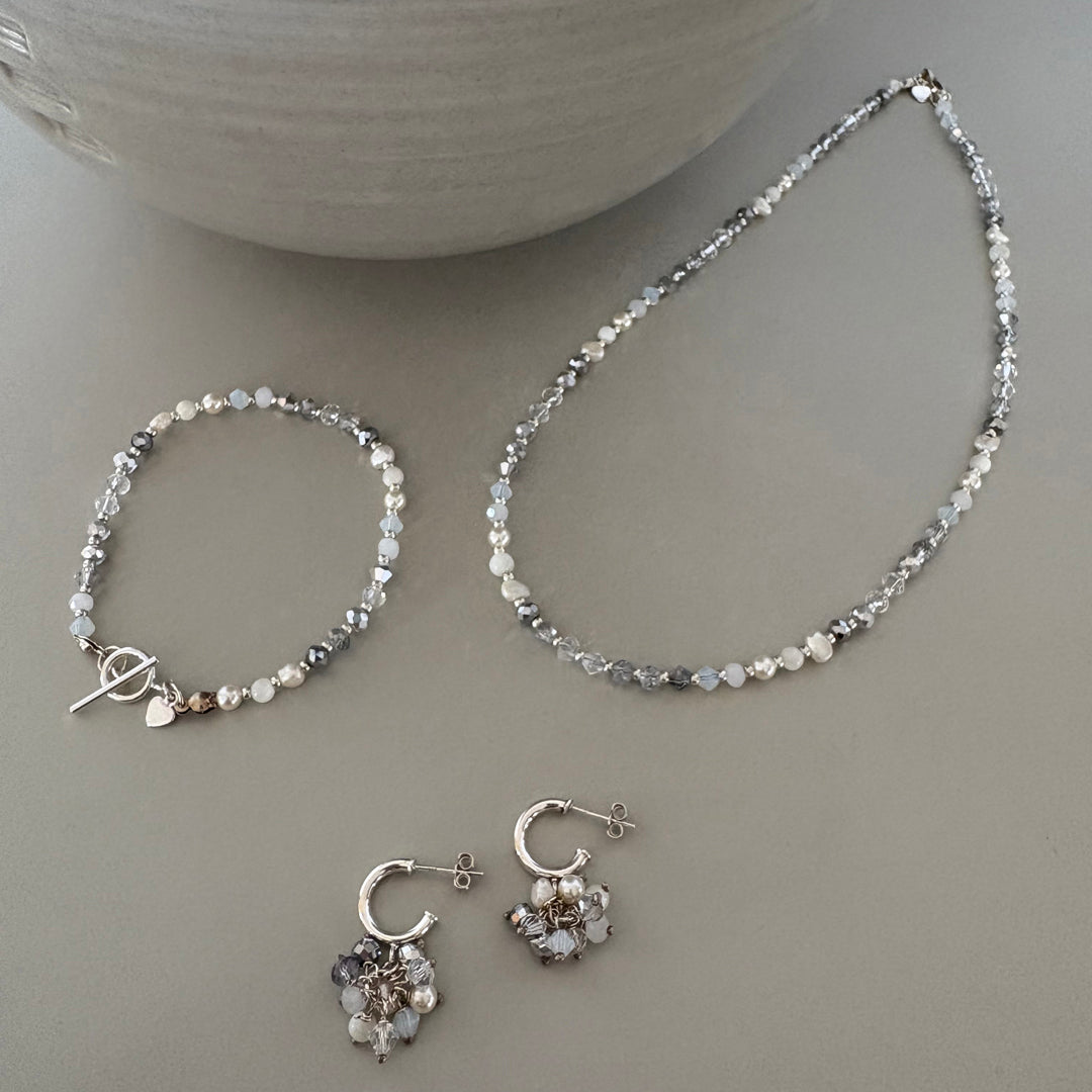 Clear Crystal, Semi-Precious & Pearl Beaded Earrings - Sterling Silver Hoops| Handmade Jewellery Gift