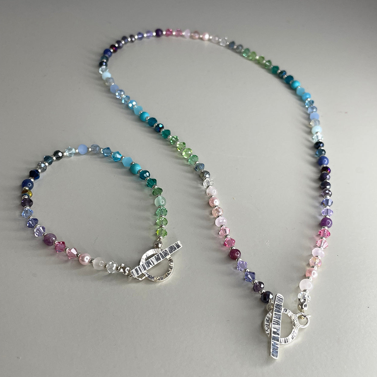 Sterling silver multiple coloured rainbow beaded necklace