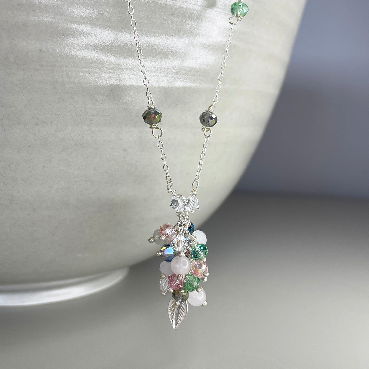Sterling silver pink and green glass beaded cluster mini leaf necklace