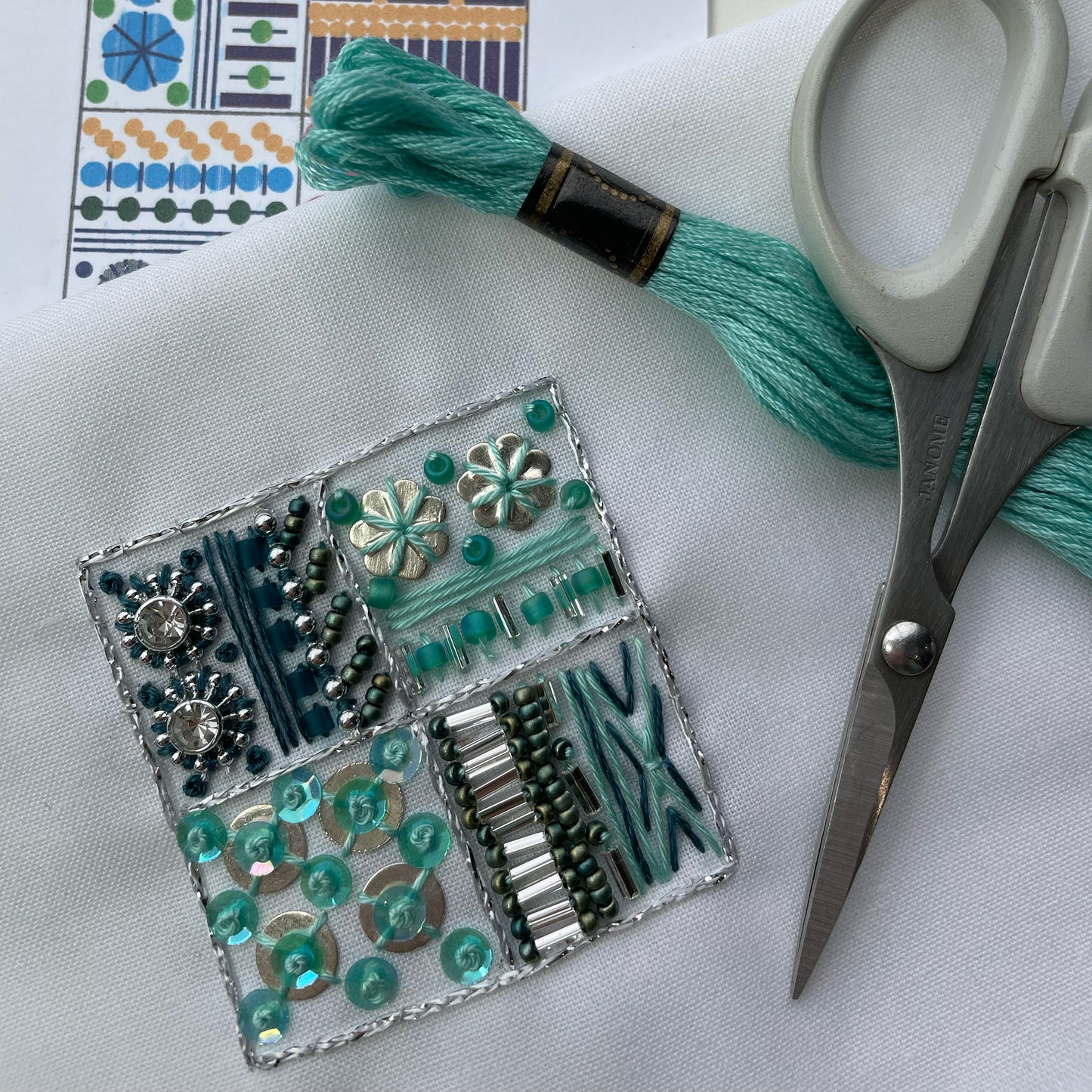 Elegant Aqua & Silver Bead Embroidery Kit – Jewellett DIY Hand-Stitched Beadwork for Exquisite Textile Art