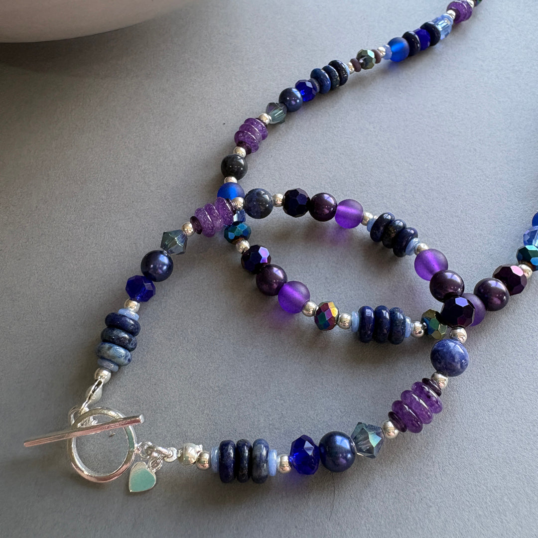 Semi_Precious Bead Bracelet with Faceted Crystal Sparkle - Purple & Blue