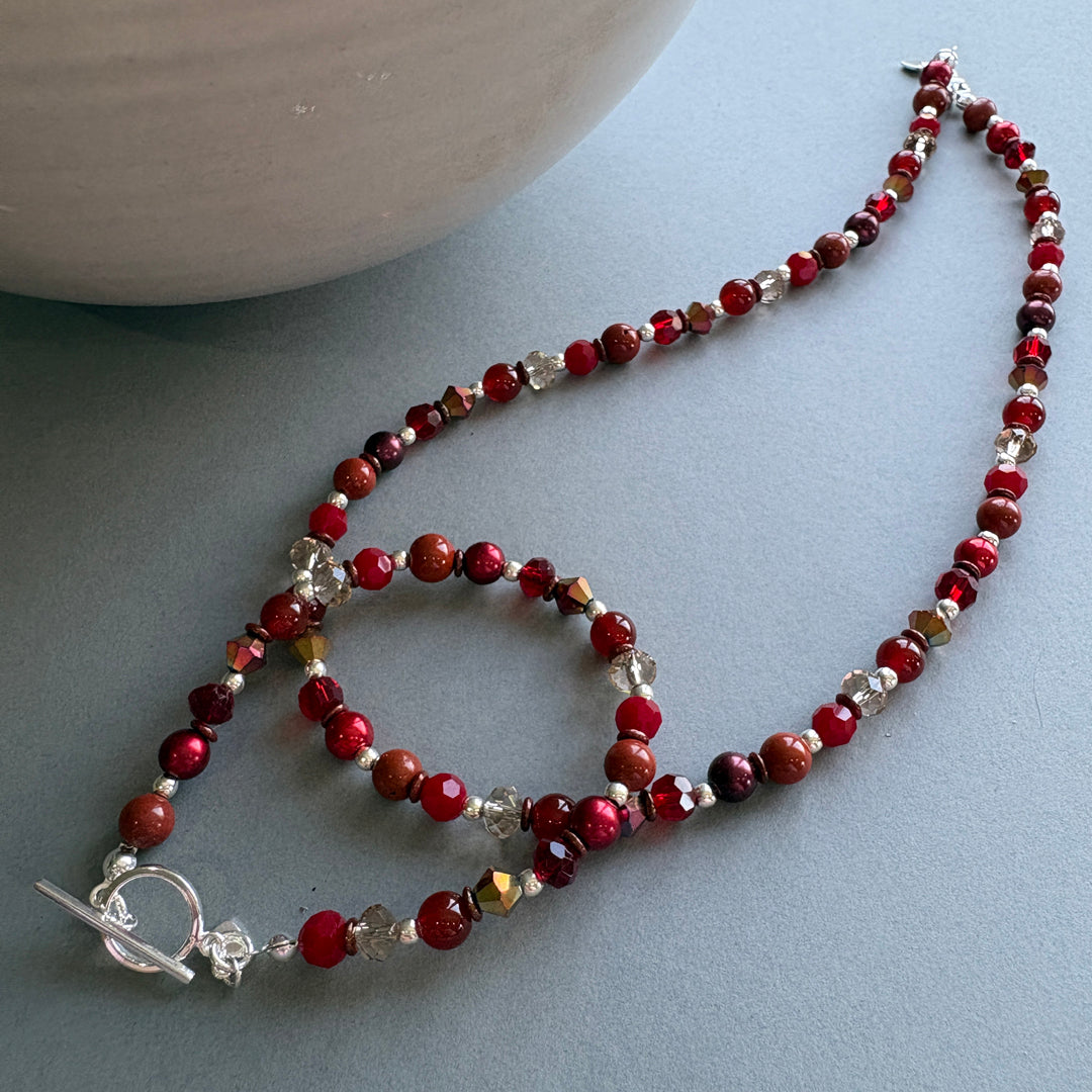 Unique Handmade Necklace with Gemstones & Crystal - Red