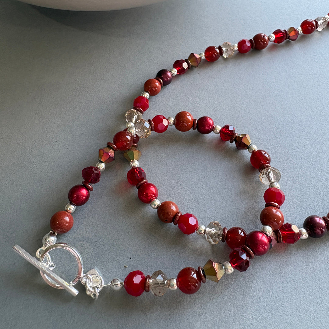 Unique Handmade Bracelet with Gemstones & Crystal - Red