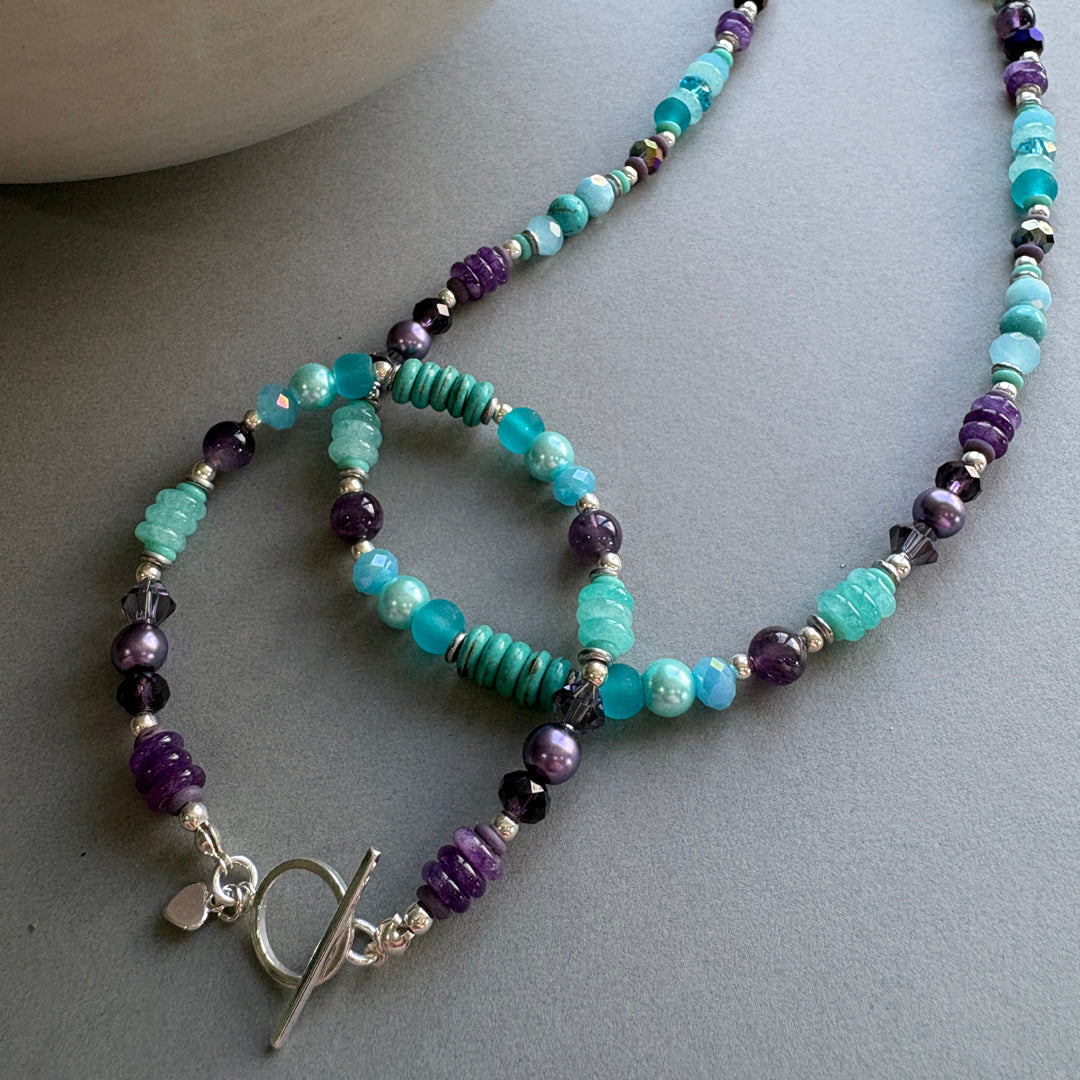 Handmade Gemstone Bracelet with Sterling Silver Beads - Turquiose & Purple