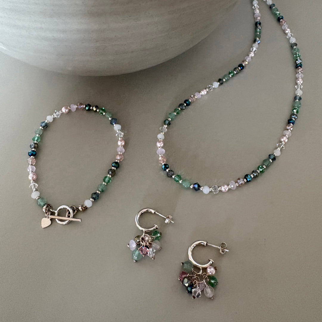 Green & Pink Crystal & Semi-Precious Bead Necklace - Sterling Silver Clasp | Handmade Jewellery Gift