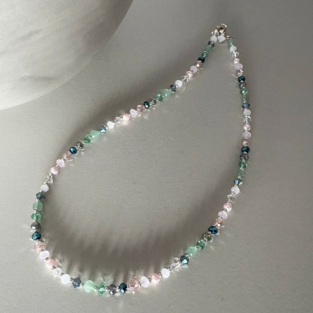 Green & Pink Crystal & Semi-Precious Bead Necklace - Sterling Silver Clasp | Handmade Jewellery Gift