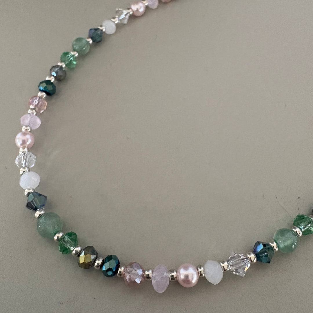 Green & Pink Crystal & Semi-Precious Bead Necklace - Sterling Silver Clasp | Handmade Jewellery Gift