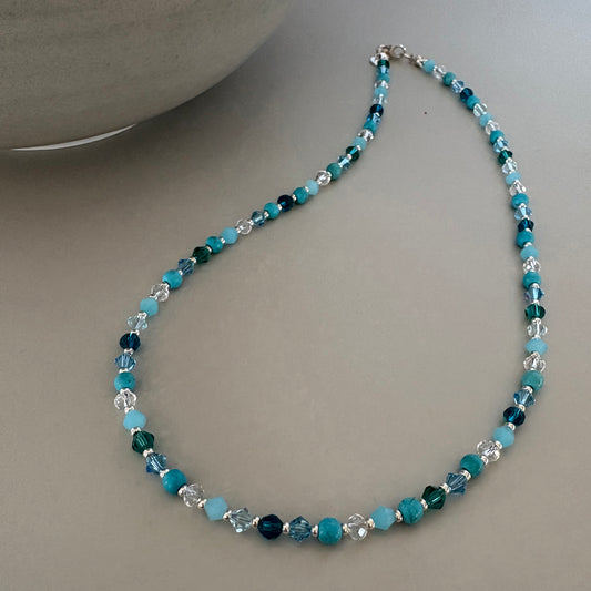 Handmade Turquoise Crystal & Semi-Precious Bead Necklace with Sterling Silver Clasp | Boho Jewellery Gift