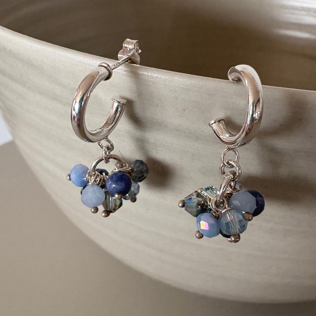 Blue Crystal & Semi-Precious Beaded Hoop Sterling Silver Earrings | Handmade Jewellery Gift