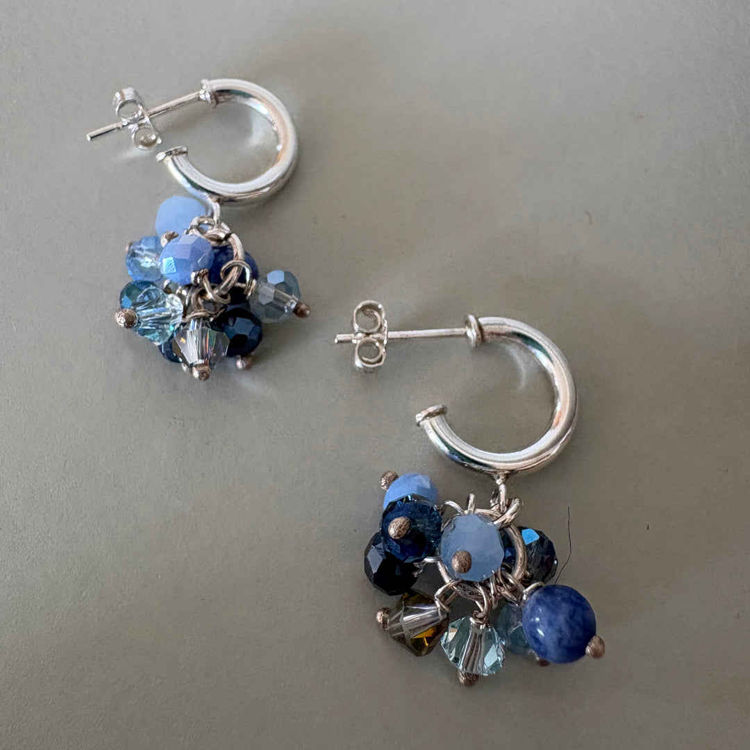 Blue Crystal & Semi-Precious Beaded Hoop Sterling Silver Earrings | Handmade Jewellery Gift
