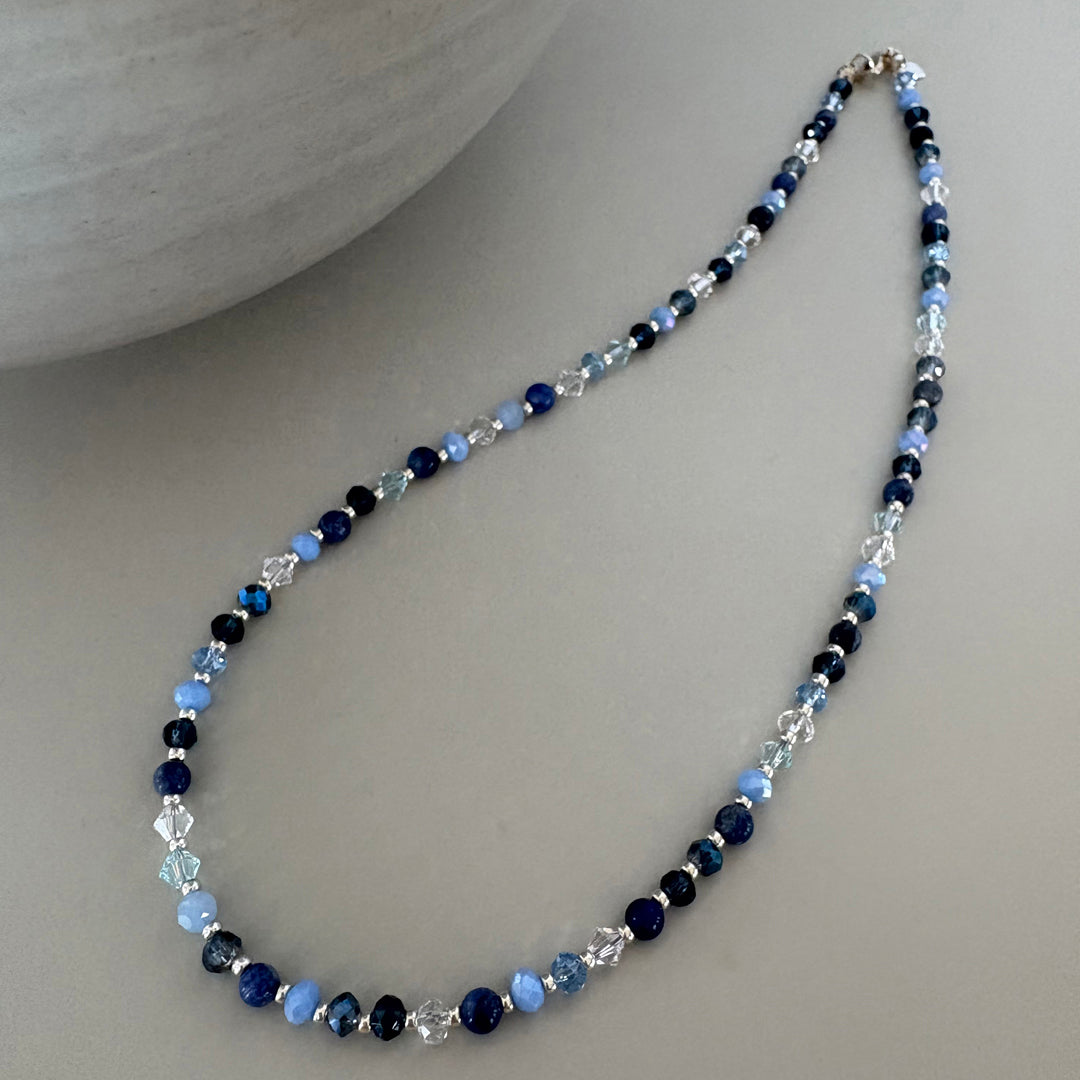 Blue Crystal & Semi-Precious Beaded Necklace - Sterling Silver Clasp - Handmade Jewellery Gift