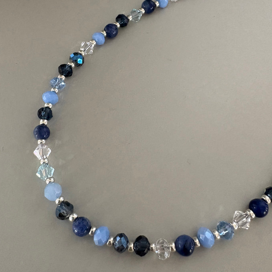 Blue Crystal & Semi-Precious Beaded Necklace - Sterling Silver Clasp - Handmade Jewellery Gift