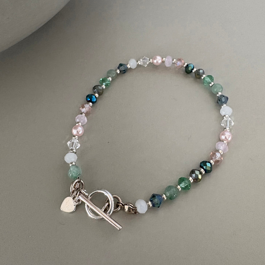 Green & Pink Crystal & Semi-Precious Bead Bracelet - Sterling Silver Clasp | Handmade Jewellery Gift