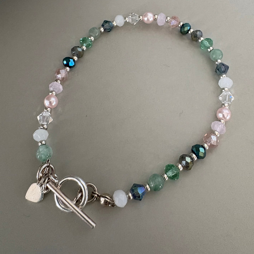 Green & Pink Crystal & Semi-Precious Bead Bracelet - Sterling Silver Clasp | Handmade Jewellery Gift