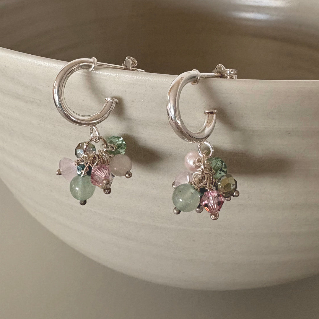 Green & Pink Crystal & Semi-Precious Bead Earrings - Sterling Silver Hoops | Handmade Jewellery Gift