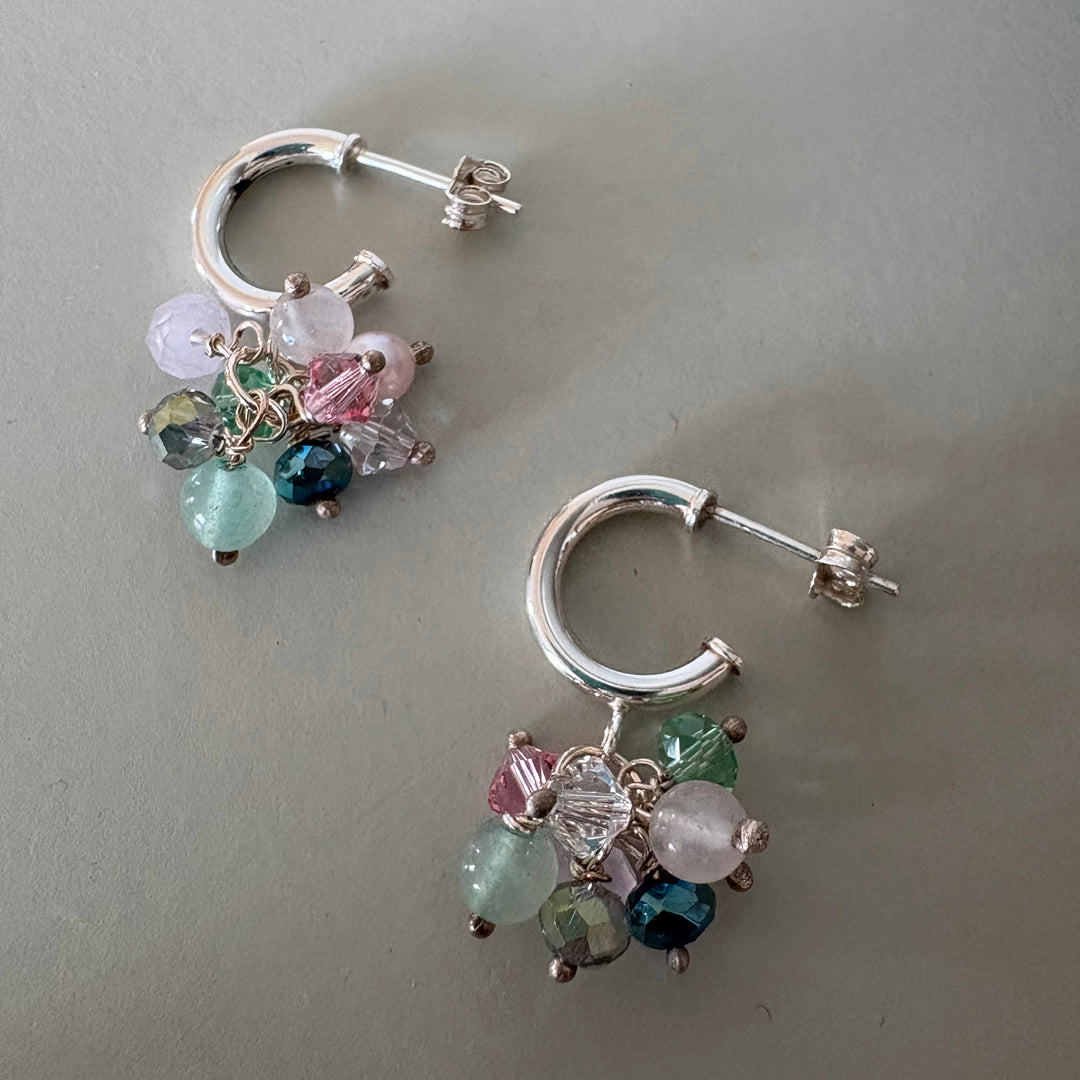 Green & Pink Crystal & Semi-Precious Bead Earrings - Sterling Silver Hoops | Handmade Jewellery Gift