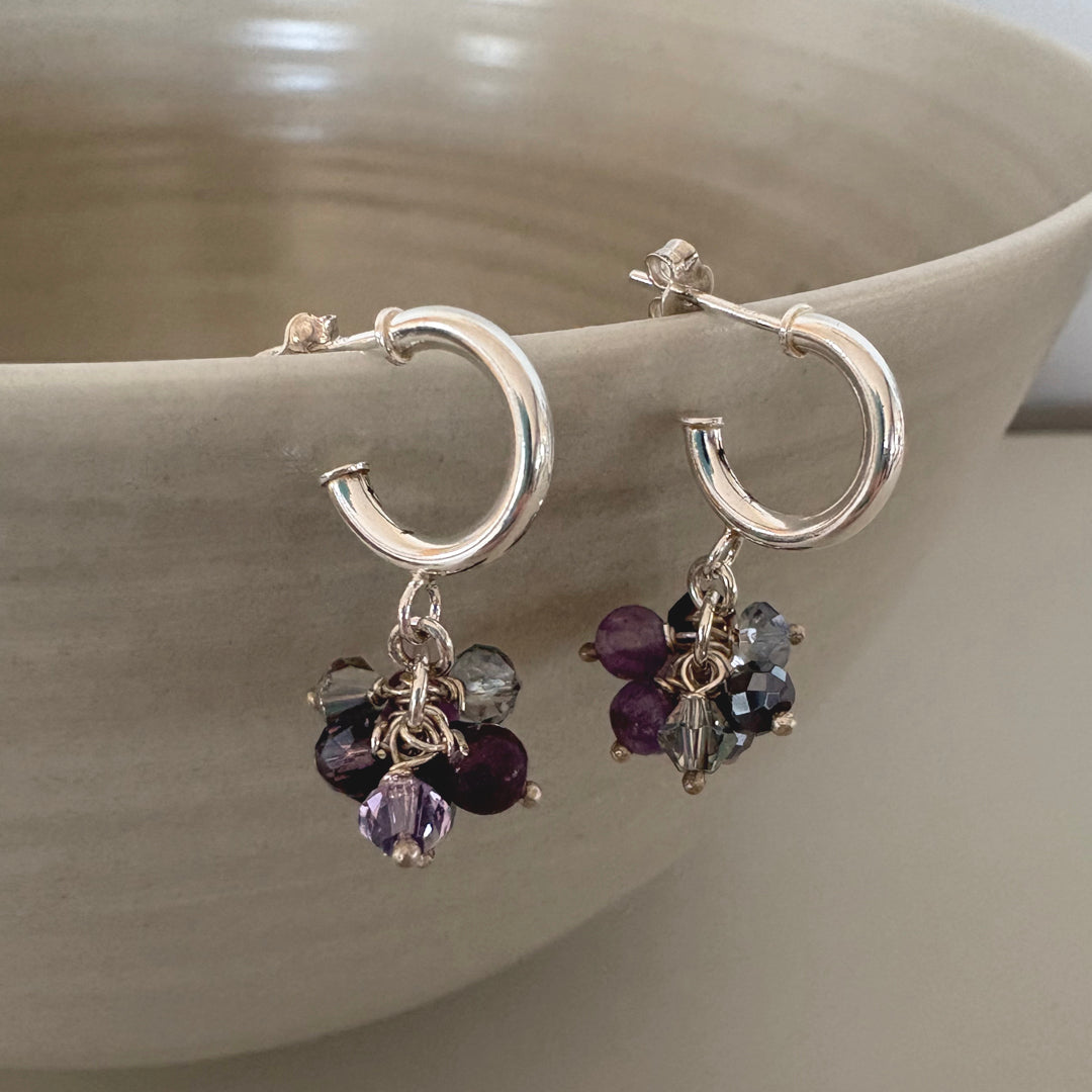 Purple Crystal & Semi-Precious Bead Hoop Earrings - Sterling Silver | Handmade Jewellery Gift