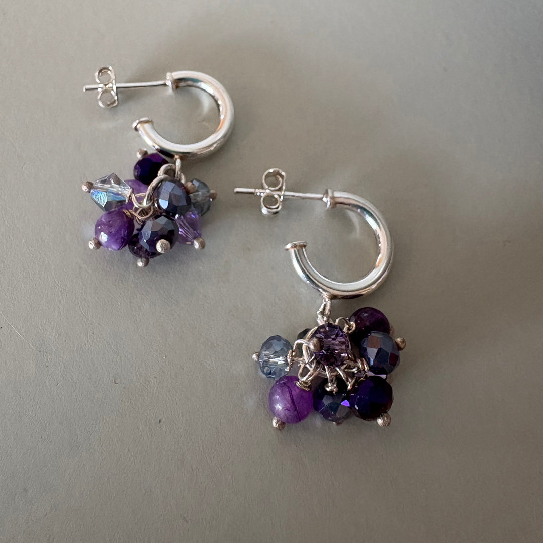 Purple Crystal & Semi-Precious Bead Hoop Earrings - Sterling Silver | Handmade Jewellery Gift