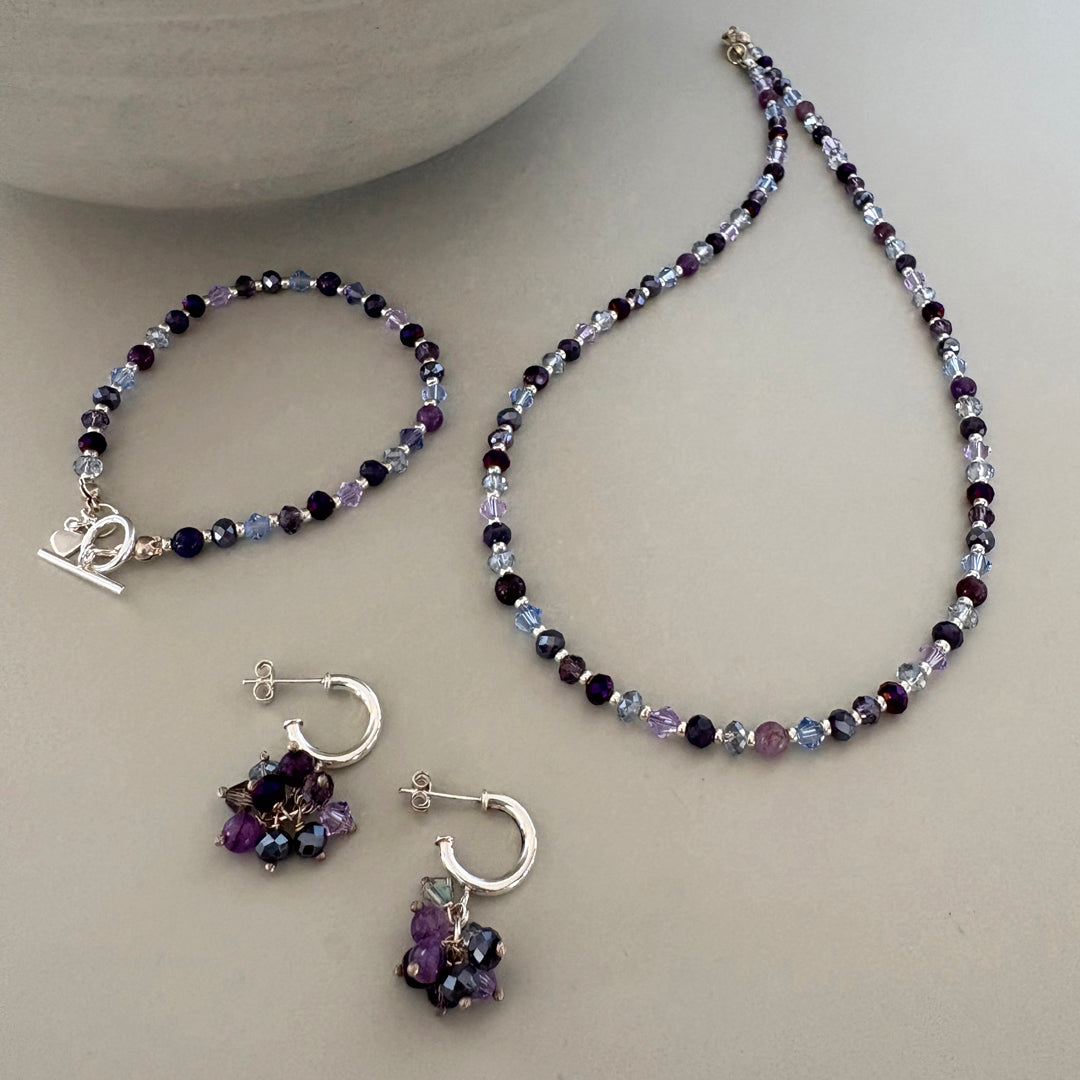 Purple Crystal & Semi-Precious Bead Hoop Earrings - Sterling Silver | Handmade Jewellery Gift