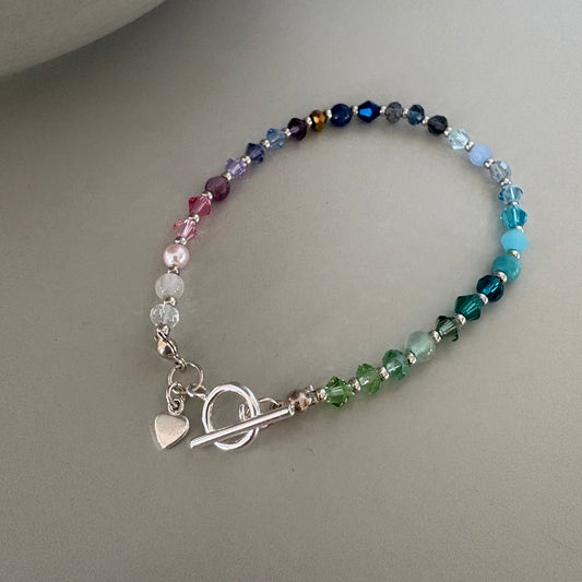 Colourful Handmade Rainbow Bead Bracelet with Sterling Silver Clasp and Heart Charm Detail | Gift for Her