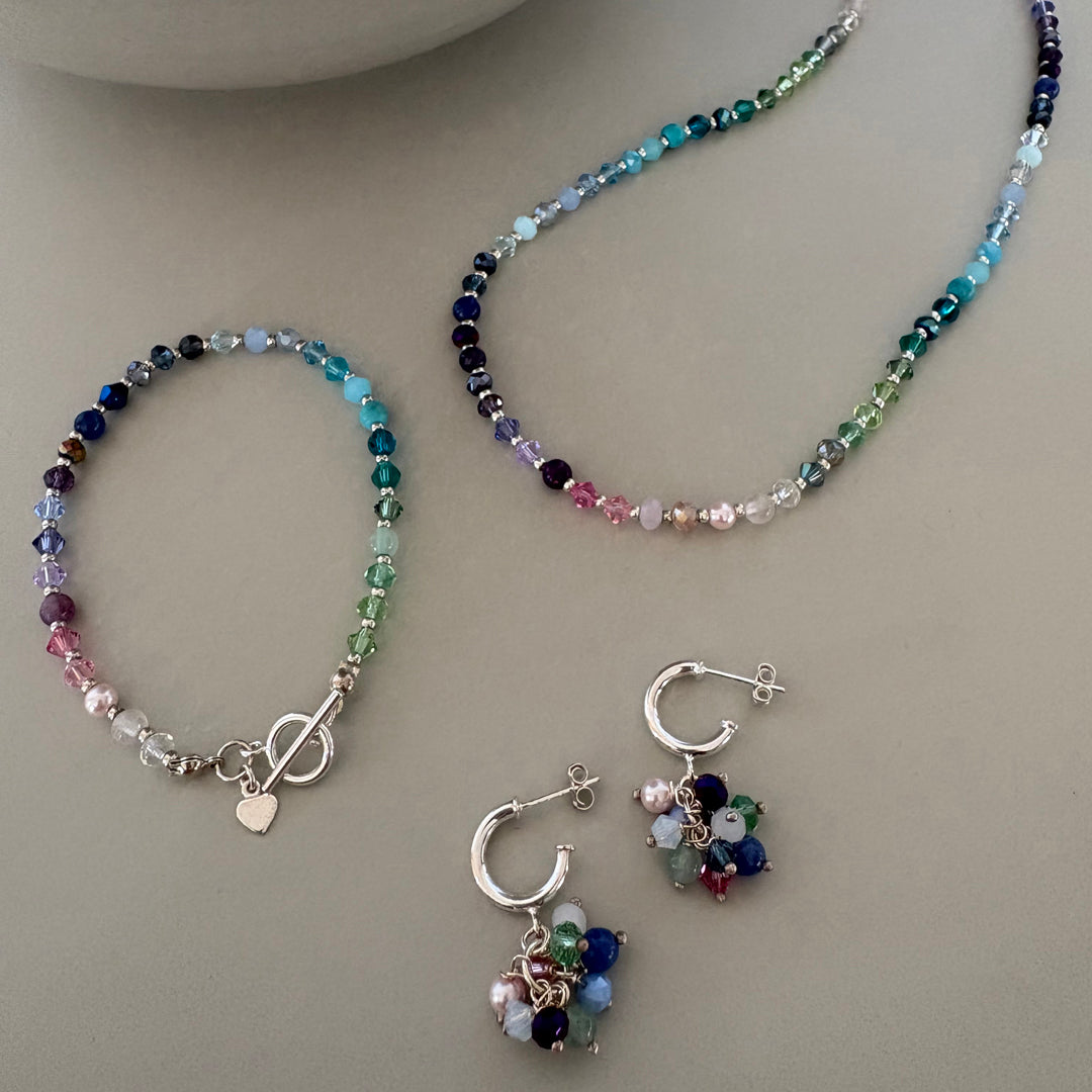 Colourful Handmade Rainbow Bead Bracelet with Sterling Silver Clasp and Heart Charm Detail | Gift for Her