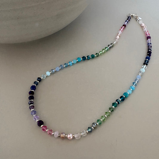 Colourful Handmade Rainbow Bead Necklace with Sterling Silver Clasp - Gift for Her