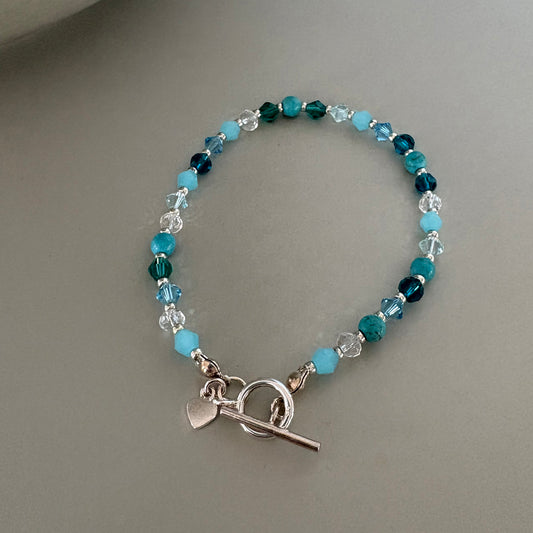 Handmade Turquoise Crystal & Semi-Precious Bead Bracelet with Sterling Silver T Bar and ring Clasp | Boho Jewellery Gift