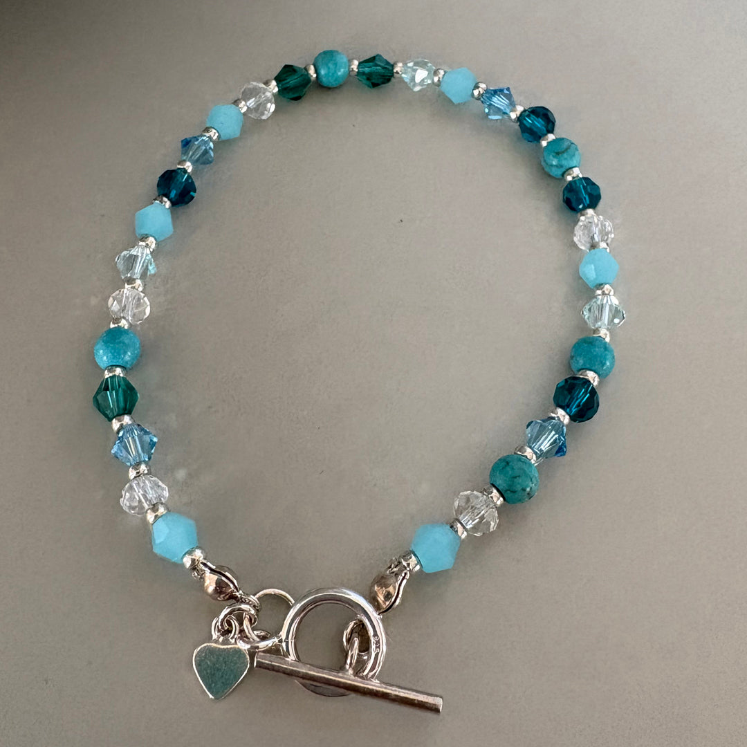 Handmade Turquoise Crystal & Semi-Precious Bead Bracelet with Sterling Silver T Bar and ring Clasp | Boho Jewellery Gift