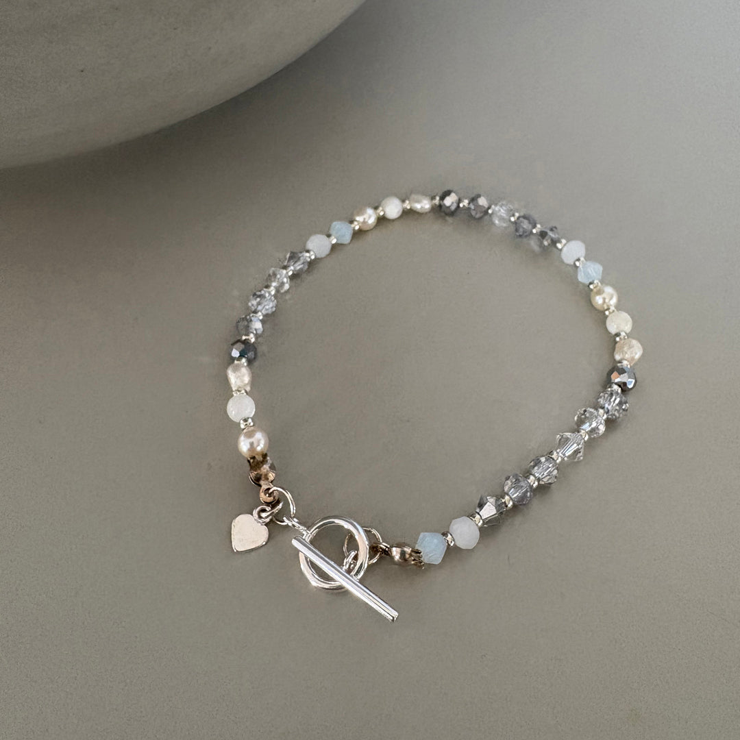 Clear Crystal, Semi-Precious & Pearl Beaded Bracelet - Sterling Silver Toggle Clasp | Handmade Jewellery Gift