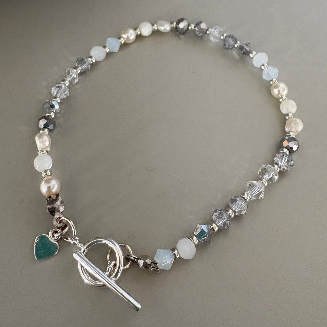 Clear Crystal, Semi-Precious & Pearl Beaded Bracelet - Sterling Silver Toggle Clasp | Handmade Jewellery Gift