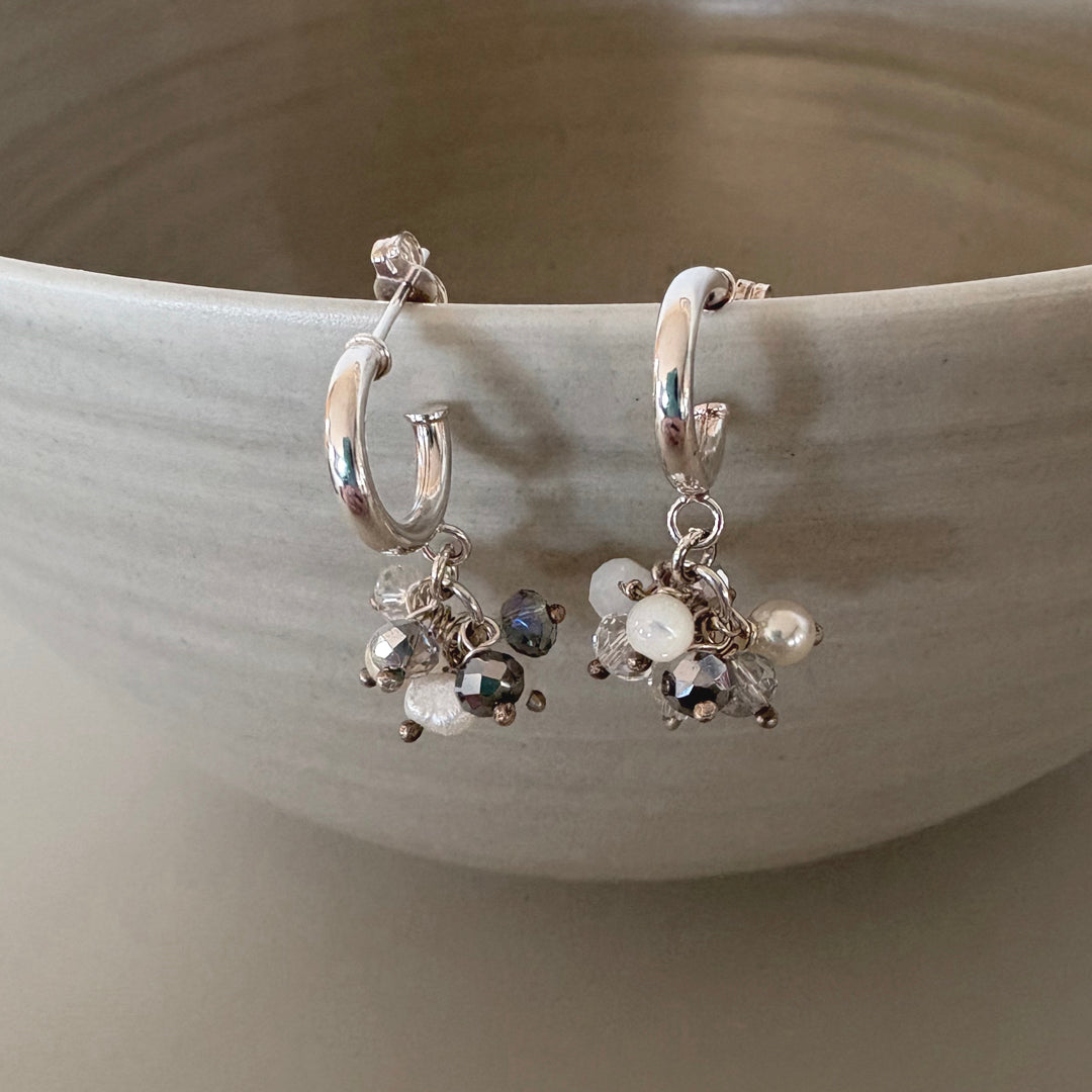 Clear Crystal, Semi-Precious & Pearl Beaded Earrings - Sterling Silver Hoops| Handmade Jewellery Gift