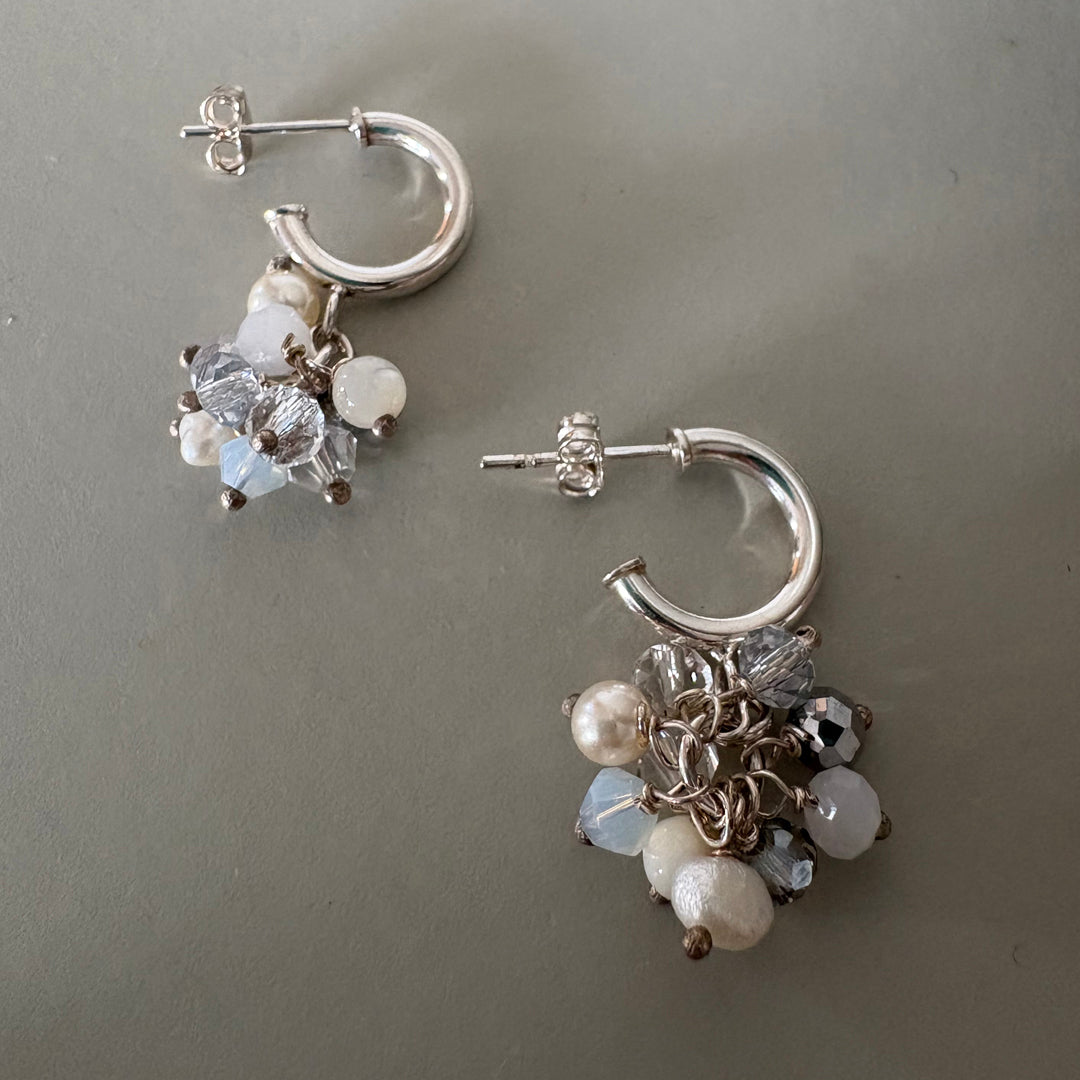 Clear Crystal, Semi-Precious & Pearl Beaded Earrings - Sterling Silver Hoops| Handmade Jewellery Gift
