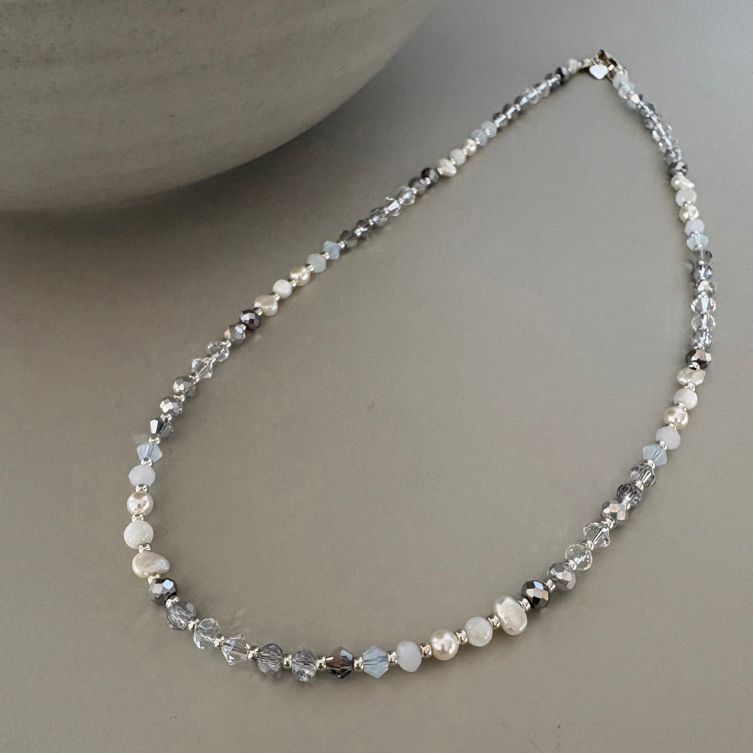 Clear Crystal, Semi-Precious & Pearl Beaded Necklace - Sterling Silver Clasp | Handmade Jewellery Gift