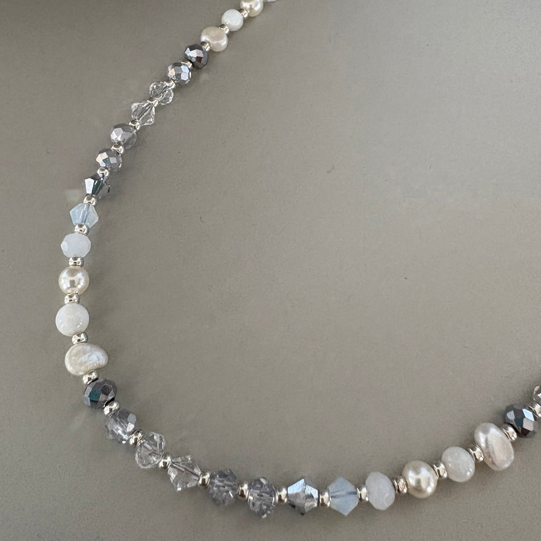 Clear Crystal, Semi-Precious & Pearl Beaded Necklace - Sterling Silver Clasp | Handmade Jewellery Gift