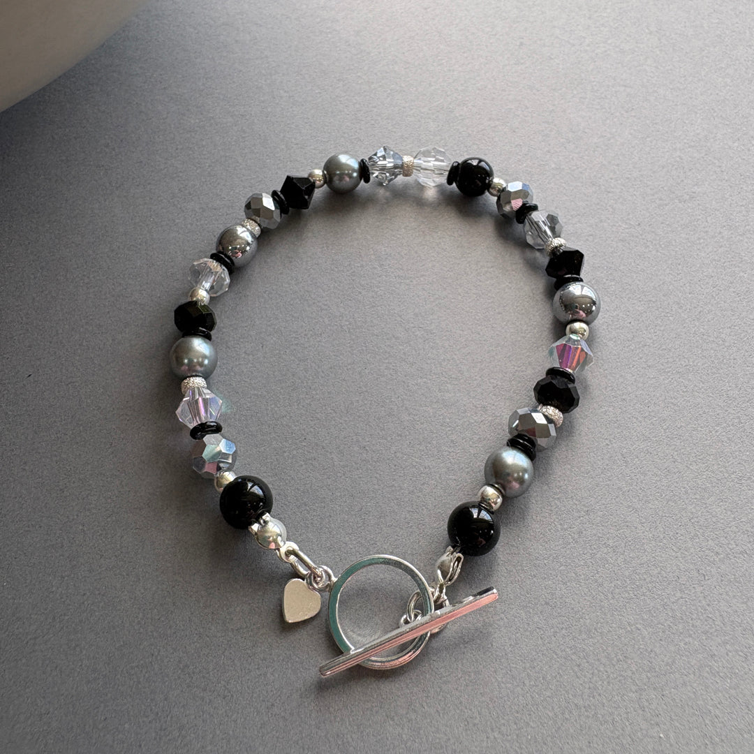 Handmade Semi_Precious Bracelet with Faceted Crystal - Black