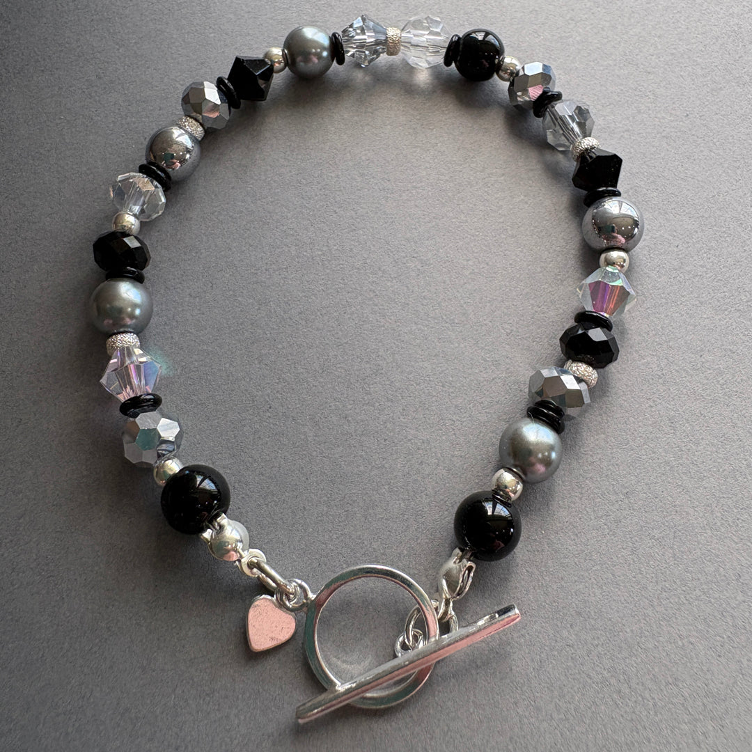 Handmade Semi_Precious Bracelet with Faceted Crystal - Black