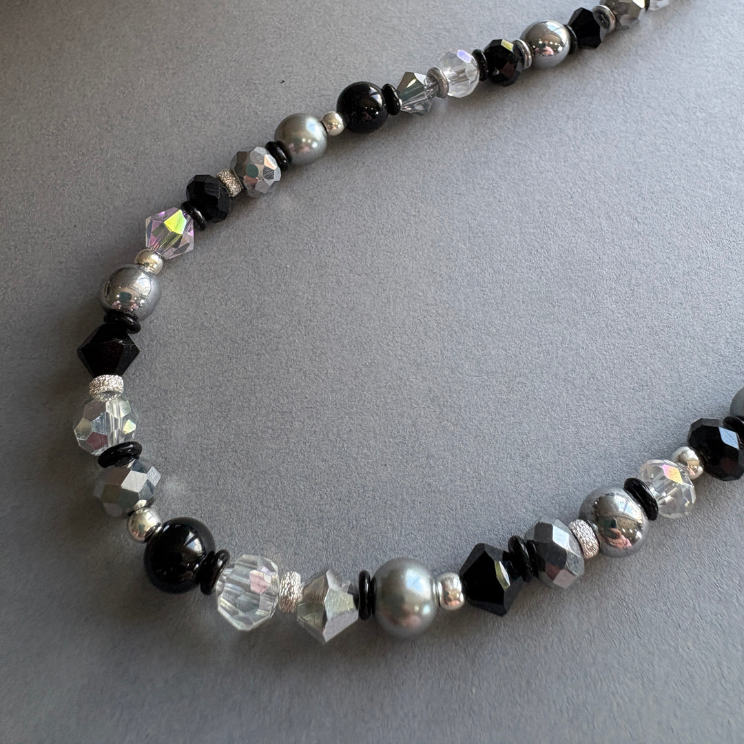 Handmade Semi_Precious Necklace with Faceted Crystal - Black