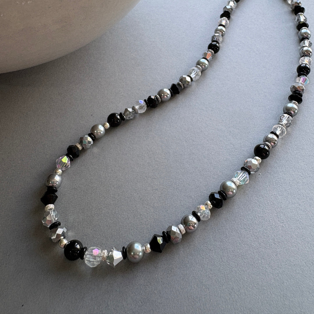Handmade Semi_Precious Necklace with Faceted Crystal - Black