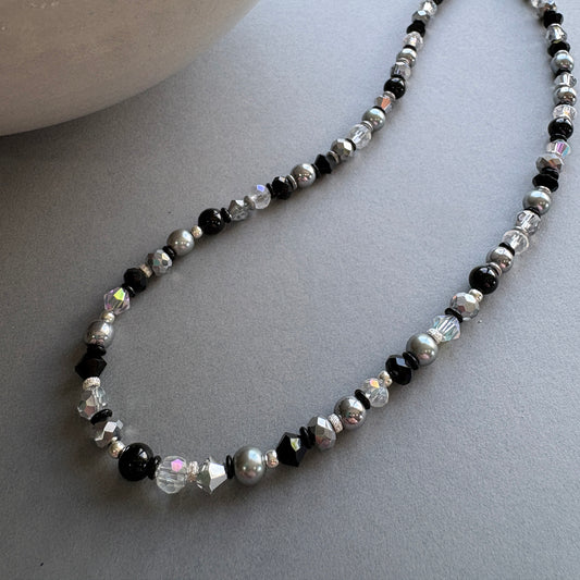 Handmade Semi_Precious Necklace with Faceted Crystal - Black