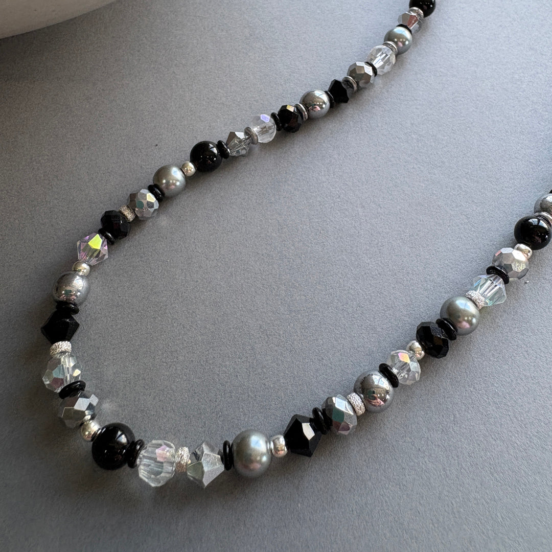 Handmade Semi_Precious Necklace with Faceted Crystal - Black