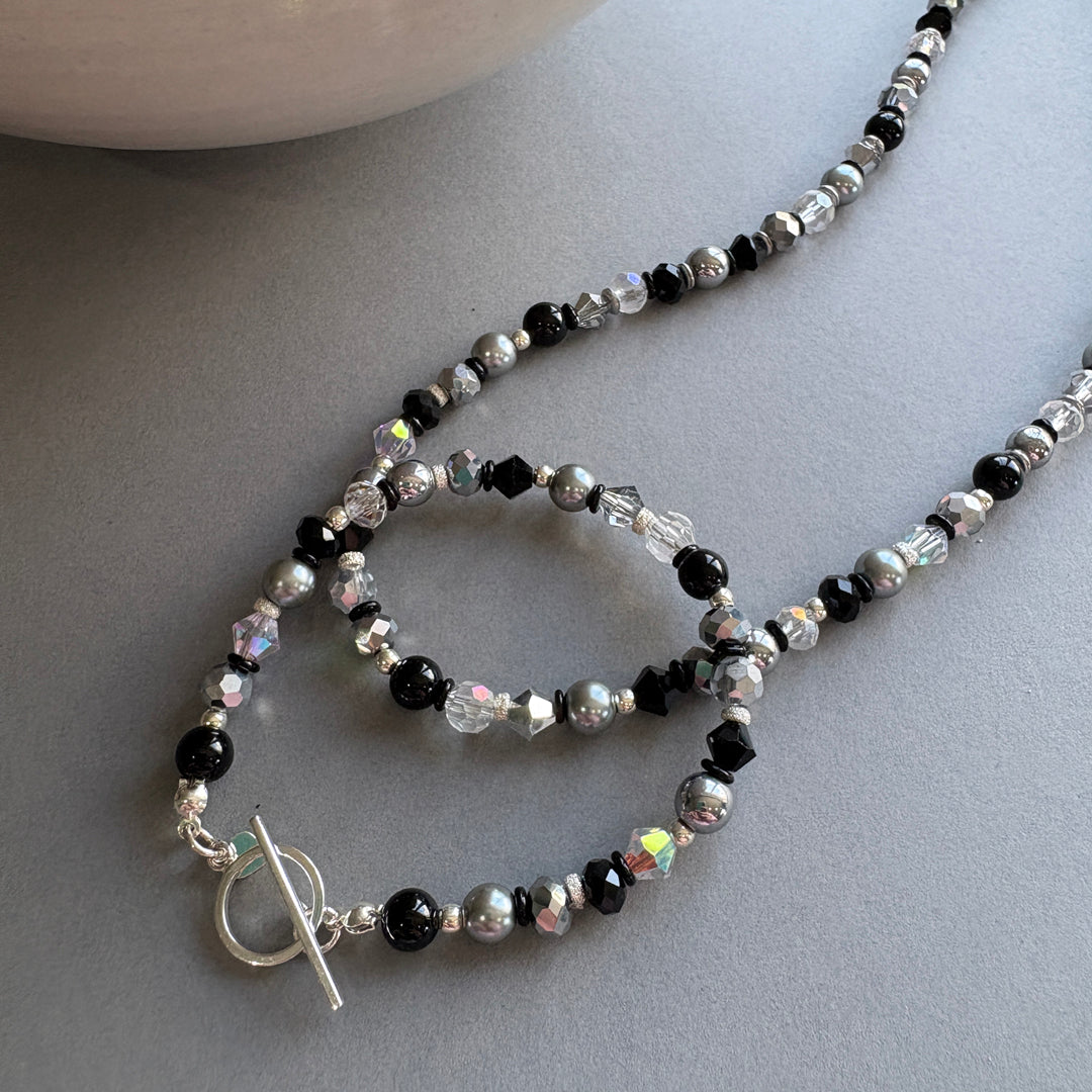 Handmade Semi_Precious Bracelet with Faceted Crystal - Black