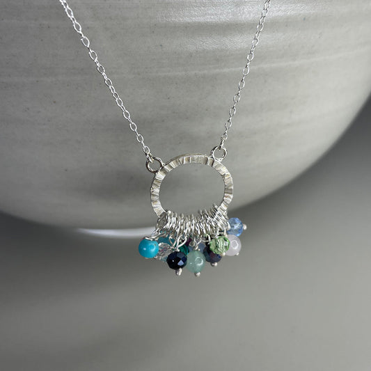 Sterling silver multiple coloured rainbow beaded cluster necklace