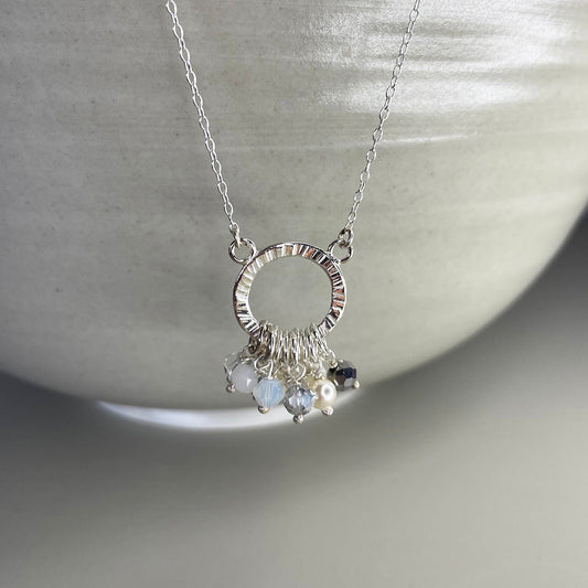 Sterling silver and mixed white and pearl beaded cluster necklace