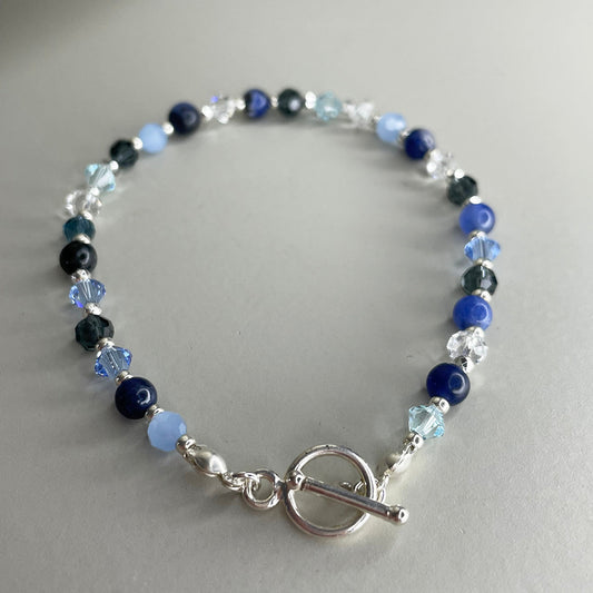 Sterling silver tonal blue glass beaded bracelet