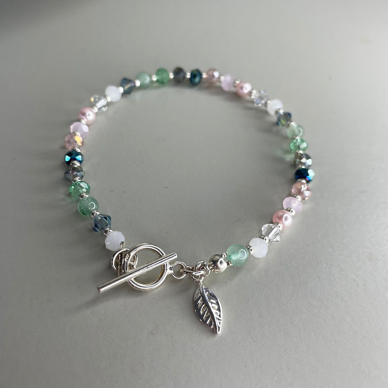 Sterling silver pink and green glass beaded cluster mini leaf necklace