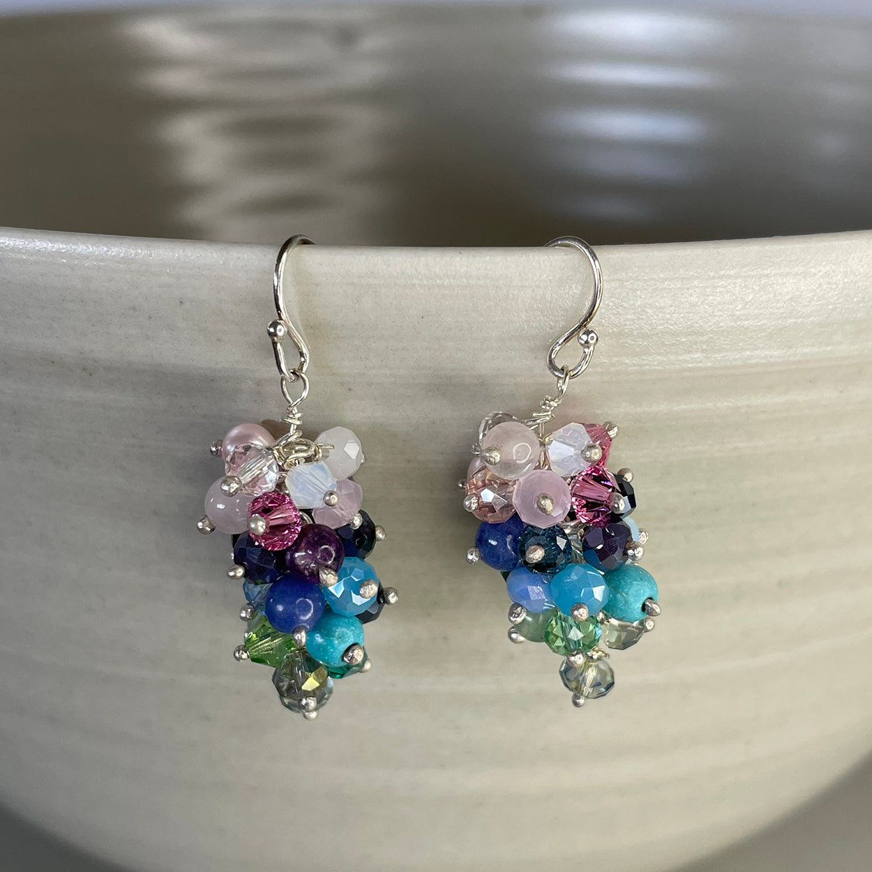 Sterling silver multiple coloured rainbow glass beaded cluster earrings