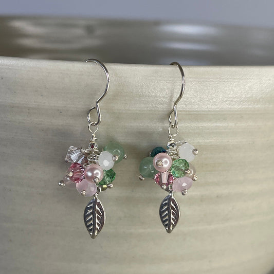 Sterling silver pink and green glass beaded cluster mini leaf earrings