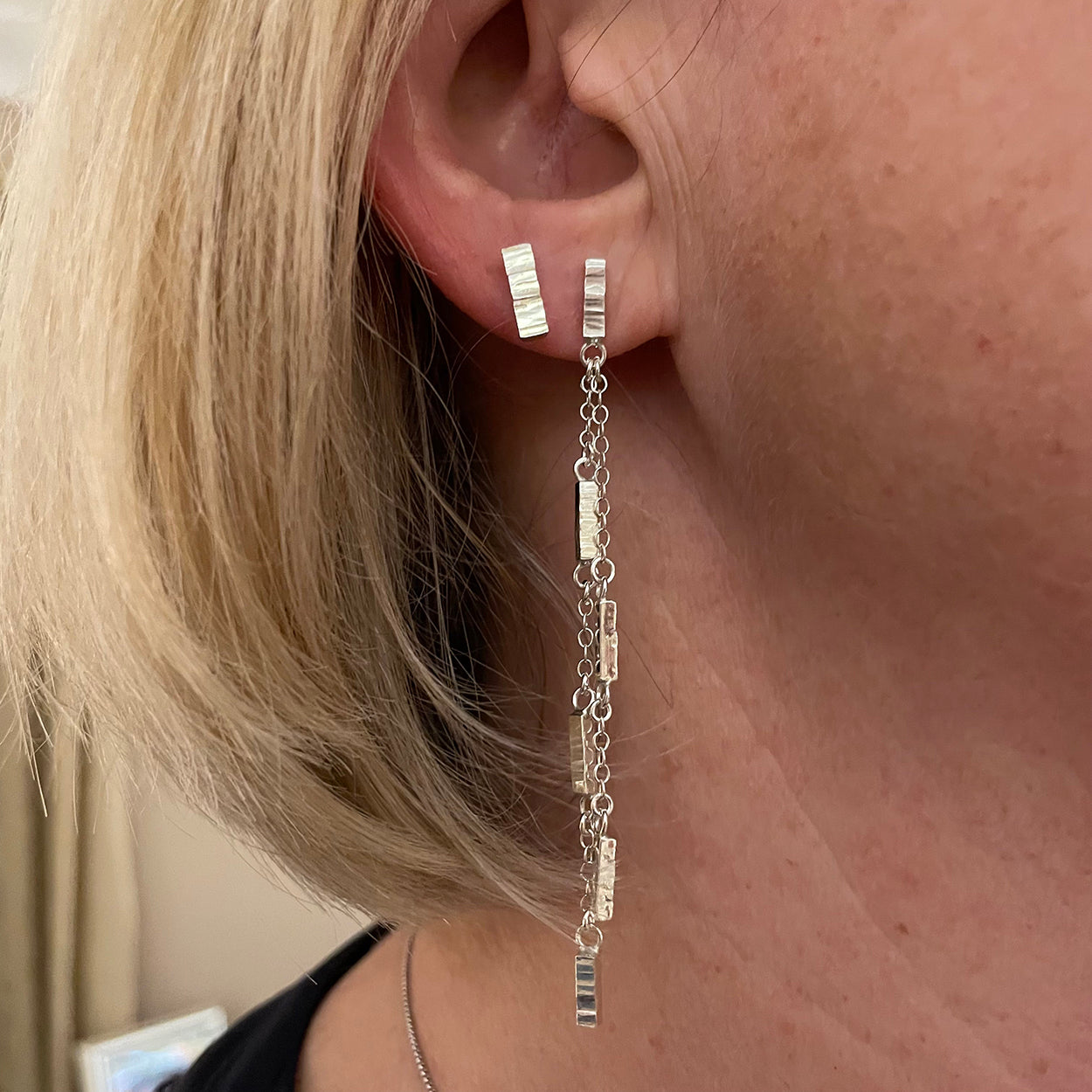 Sterling silver tiny bar hammered bark texture post earrings